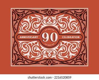 90 years anniversary celebration card with floral ornament in vintage style. Vector illustration