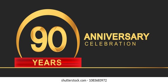 90 years anniversary celebration with elegant golden color and ring, red ribbon for anniversary celebration
