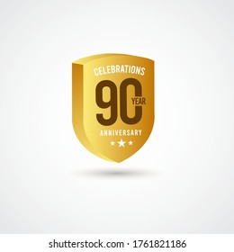 90 Years Anniversary Celebration Gold 3 D Vector Label Logo Template Design Illustration