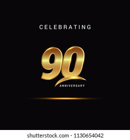 90 Years anniversary celebration golden logotype with swoosh isolated on black background, vector illustration design for greeting card, company event, invitation card, birthday