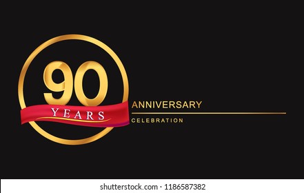 90 years anniversary celebration with golden color and ring, red ribbon for anniversary celebration
