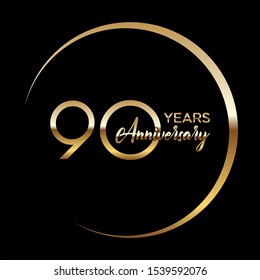 90 years Anniversary Celebration with golden text, Vector template.