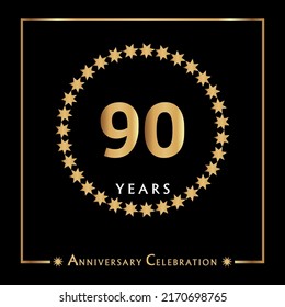 90 years anniversary celebration with golden circle star frame isolated on black background. Creative design for happy birthday, wedding, ceremony, event party, invitation event, and greeting card.