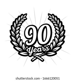90 years anniversary celebration with laurel wreath. Ninetieth anniversary logo. Vector and illustration.