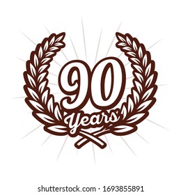 90 years anniversary celebration with laurel wreath. Ninetieth anniversary logo. Vector and illustration.