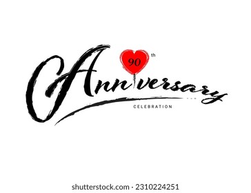 90 Years Anniversary Celebration logo with red heart vector, 90 number logo design, 90th Birthday Logo, happy Anniversary, Vector Anniversary For Celebration, poster, Invitation Card