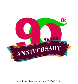 90 years anniversary celebration logo design with decorative ribbon or banner. Happy birthday design of 90th years anniversary celebration. Number 90 template logo with banner / ribbon. 90 years old.