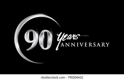 90 years anniversary celebration. Anniversary logo with silver ring elegant design isolated on black background, vector design for celebration, invitation card, and greeting card