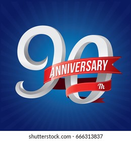 90 years anniversary celebration logotype. 90th silver number with red ribbons on blue background