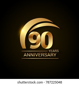 90 Years Anniversary Celebration Logotype. Golden Elegant Vector Illustration  with Gold Swoosh,  Isolated on Black Background can be use for Celebration, Invitation, and Greeting card