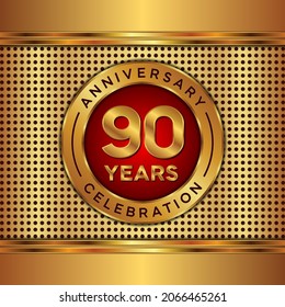 90 years anniversary, anniversary celebration vector design with gold color on golden texture background, simple and luxury design. logo vector template