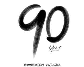 90 Years Anniversary Celebration Vector Template, 90 Years  logo design, 90th birthday, Black Lettering Numbers brush drawing hand drawn sketch, number logo design vector illustration
