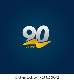 90 Years Anniversary Celebration White Blue and Yellow Ribbon Vector Template Design Illustration