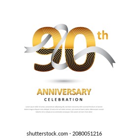90 years anniversary creative logo template with ribbon. Poster template for Celebrating 90th event. Design for banner, magazine, brochure, web, invitation or greeting card. Vector illustration