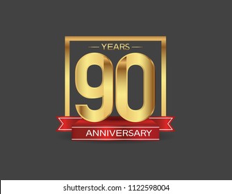 90 years anniversary design logotype golden color with square and red ribbon for celebration event isolated on black background