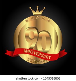 90 years anniversary with golden font, circle, crown, and star with red ribbon. anniversary text on top ribbon. Design like coin or medal with crown on top. Elegant and luxury design