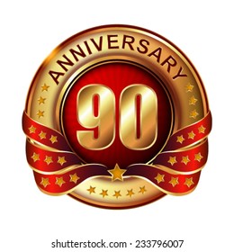90  years anniversary golden label with ribbon.  Vector illustration. 