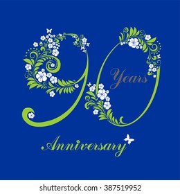 90 years anniversary. Happy birthday card. Celebration blue background with number ninety and place for your text. Vector illustration