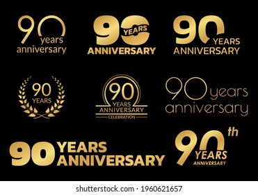 90 years anniversary icon or logo set. 90th birthday celebration golden badge or label for invitation card, jubilee design. Vector illustration.