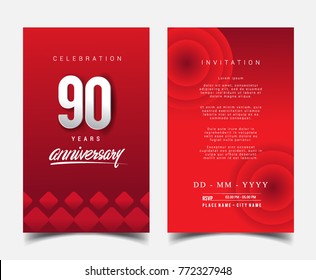 90 Years Anniversary Invitation/Greeting Card with Flat Design and Elegant, Isolated on Red Background. Vector illustration.