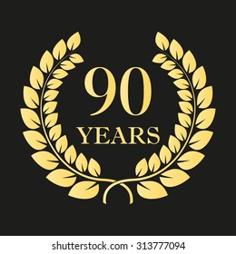 90 years anniversary laurel wreath icon or sign. Template for celebration and congratulation design. 90th anniversary golden label. Vector illustration.
