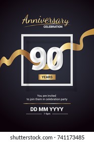 90 Years Anniversary Logo Celebration and Invitation Card with gold ribbon Isolated on Dark  Background