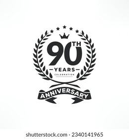 90 years anniversary logo emblem. 90th years Celebrating Anniversary Logo. 90 years anniversary celebration logo design with decorative ribbon or banner.