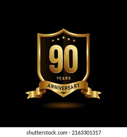 90  years anniversary logo with golden shield and ribbon for booklet, leaflet, magazine, brochure poster, banner, web, invitation or greeting card. Vector illustrations.