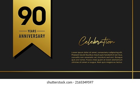 90 years anniversary logo with golden ribbon for booklet, leaflet, magazine, brochure poster, banner, web, invitation or greeting card. Vector illustrations.