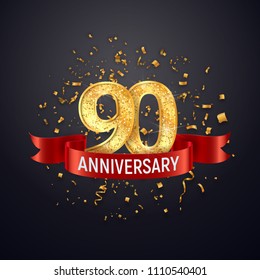 90 years anniversary logo template on dark background. Ninety celebrating golden numbers with red ribbon vector and confetti isolated design elements