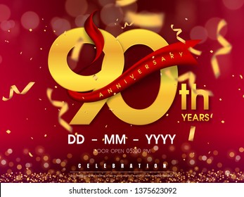 90 years anniversary logo template on gold background. 90th celebrating golden numbers with red ribbon vector and confetti isolated design elements