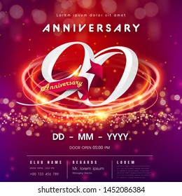 90 years anniversary logo template on red and pink  futuristic space background. 90th modern technology design celebrating numbers with Hi-tech network digital technology concept design elements