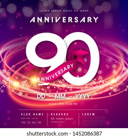 90 Jahre Jubiläum Logo-Vorlage auf violettem abstraktem futuristischem Hintergrund. 90. modernes Technologiedesign mit Designelementen des High-Tech-Netzwerks für digitale Technologie.