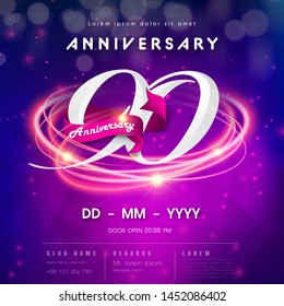 90 years anniversary logo template on purple Abstract futuristic space background. 90th modern technology design celebrating numbers with Hi-tech network digital technology concept design elements.