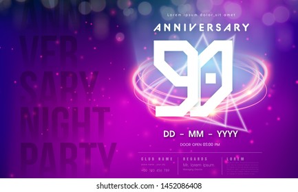 90 years anniversary logo template on purple Abstract futuristic space background. 90th modern technology design celebrating numbers with Hi-tech network digital technology concept design elements.