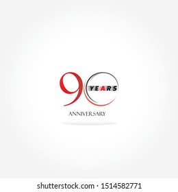 90 years anniversary logo template isolated on white, black, red and white anniversary icon label with ribbon, twenty year birthday seal symbol
