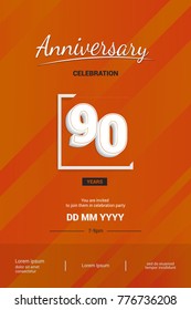 90 Years Anniversary Logotype with 3d white number isolated on orange abstract background