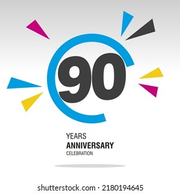 90 Years Anniversary, Number In Broken Circle With Colorful Bang Of Confetti, Logo, Icon, White Background