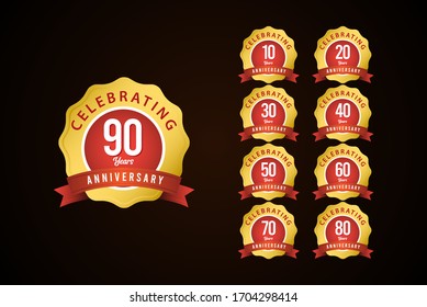 90 Years Anniversary Set Celebrations Gold Yellow Elegant Vector Template Design Illustration