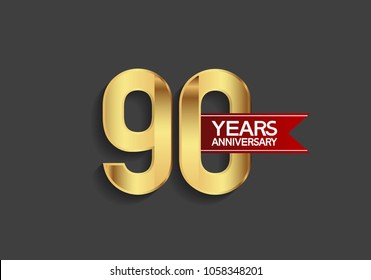 90 years anniversary simple design with golden color and red ribbon isolated on black background for celebration event