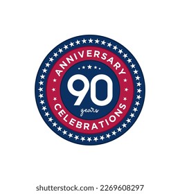 90 years anniversary. Anniversary template design, red and blue colors with stars, design for event, invitation card, greeting card, banner, poster, flyer, book cover and print. Vector Eps10