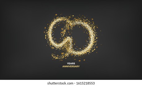 90 years anniversary vector design. Black golden background with gold sparkler light festive decoration, web, gift card or print banner layout template