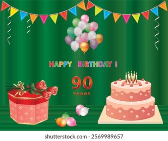 90 years anniversary. Vector happy birthday background design with gift box, rose bouquet and cake with candles. Greeting card decorated with balloons and flags.