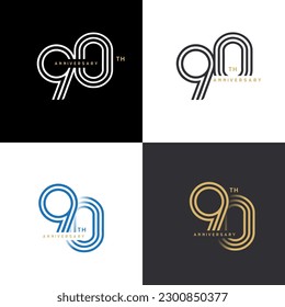 90 years anniversary vector number icon, birthday logo label, black, white and colors with stripe number