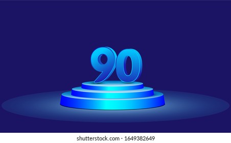 Ilustración de diseño de plantillas vectoriales de 90 años. Blue 3d Números con escenario de podio para celebración