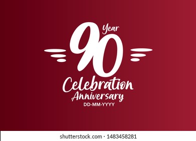 90 years anniversary white colors on red color with triple small stripes on left & right for anniversary, wedding, logo - vector 