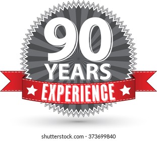 90 years experience retro label with red ribbon, vector illustration