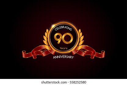 90 years gold anniversary celebration logo with red ribbon , isolated on dark background