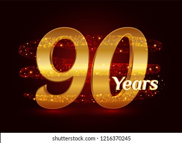 90 years golden anniversary 3d logo celebration with glittering spiral star dust trail sparkling particles. Ninety years anniversary modern design elements. Vector Illustration.