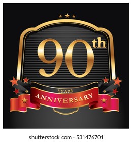 90 years golden anniversary logo celebration with ring and ribbon.